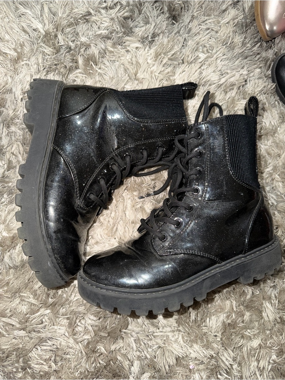 Cat & Jack Black Glitter Lace-Up Combat Boots for Kids